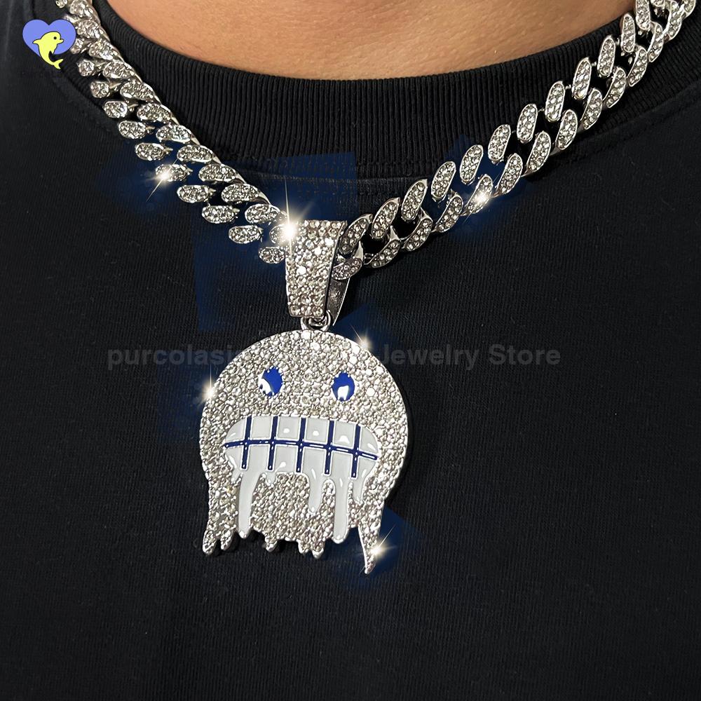 Hip Hop Necklace Exaggerated Frozen Expression Face Pendant With 12mm Cuban Chain Iced Out Jewelry For Man Woman