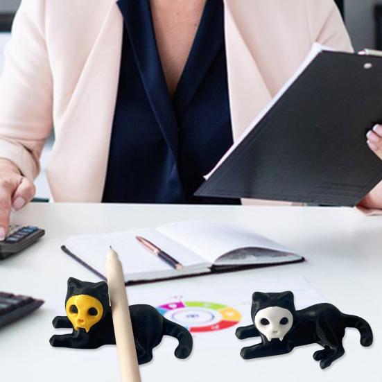 Cat Pen Holder 3D Printed Black Cat Ornament Cat Figurine with Detachable Skull Mask for Home Office Desk Halloween Decoration