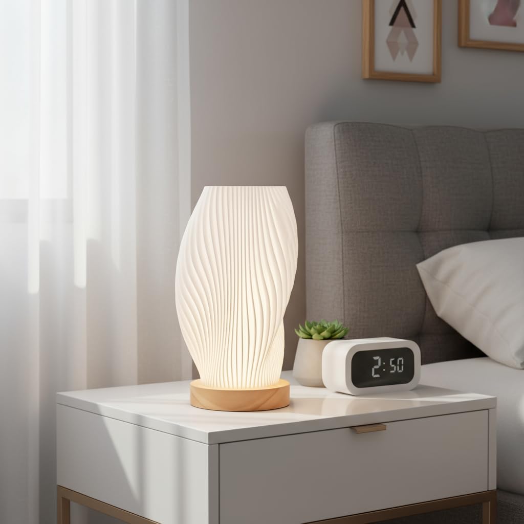 Tafunker Modern Table Lamp with Wooden Base, Decorative Mesh Pattern, Warm White Light for Bedside (Wave Pattern, Large)