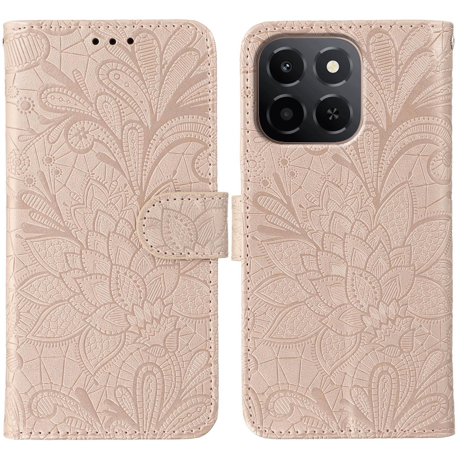 

For Honor X6c 4G Case Lace Flowers PU Leather Flip Wallet Phone Cover Rose Gold