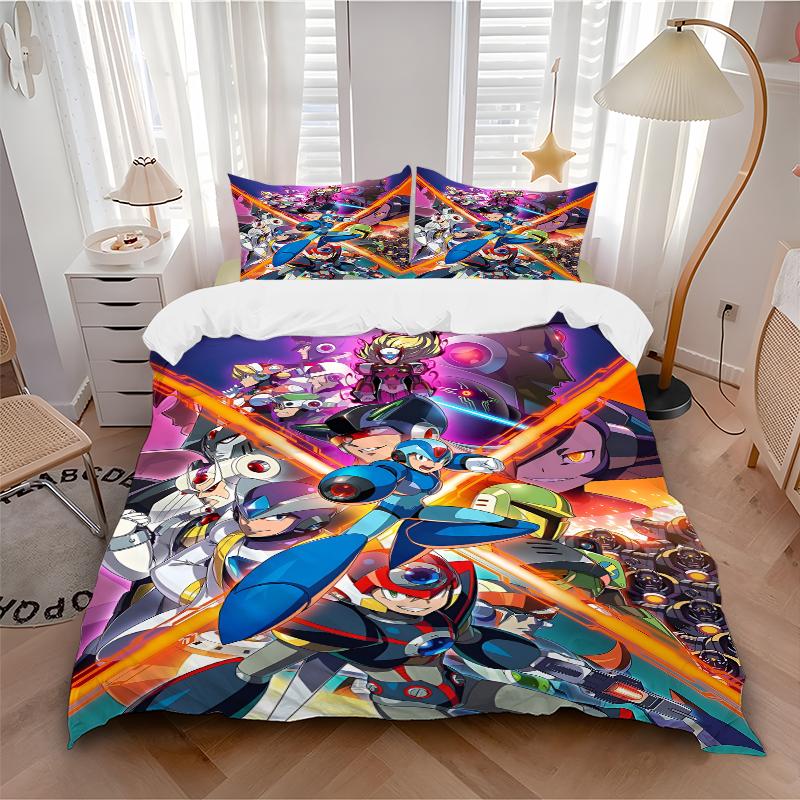 3Pcs Megaman Power Light Bedding Set Soft Fabric Duvet Cover Pillowcases Home Christmas Xmas Halloween Gift 1 Duvet Cover 2 Pillowcase N1327