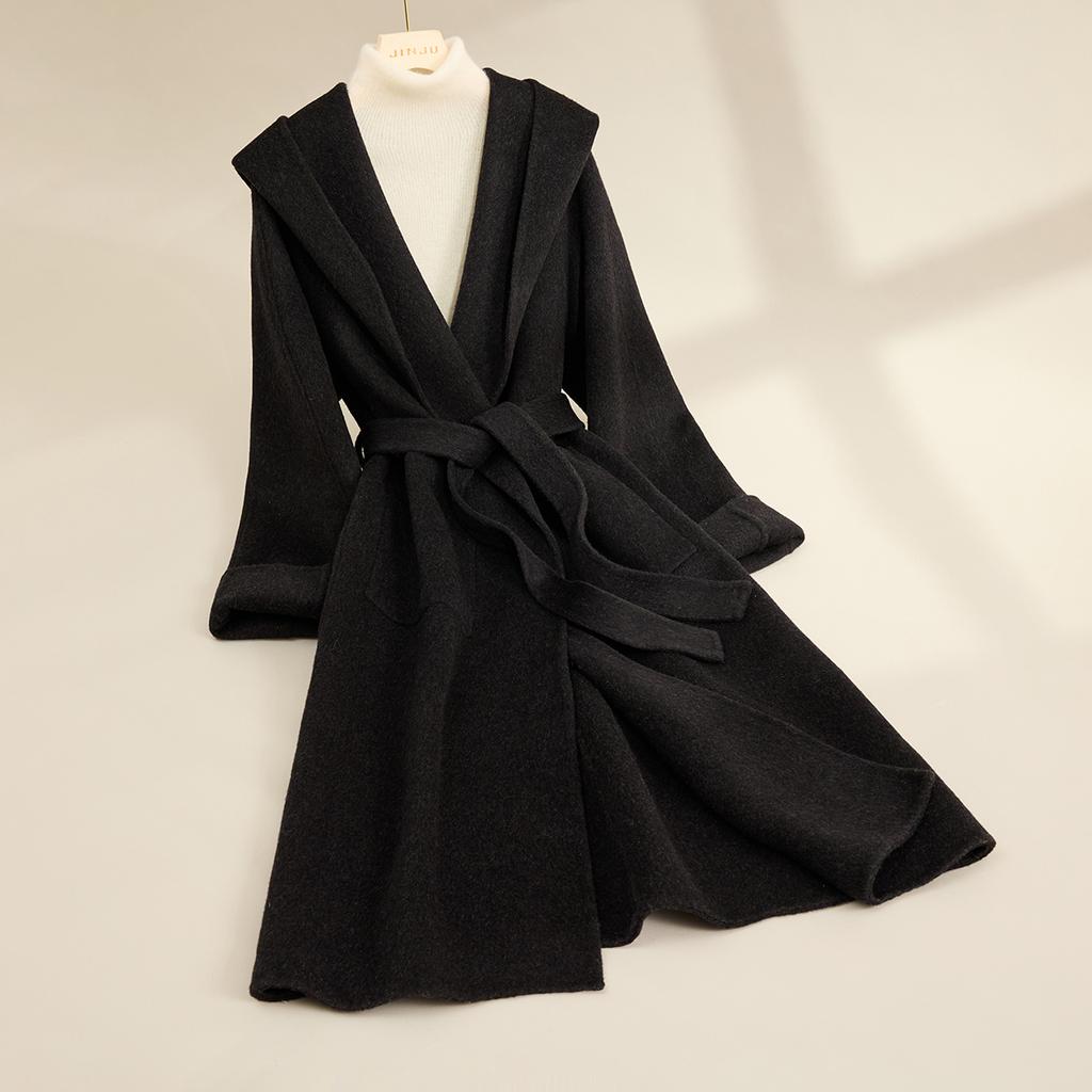 [Including Cashmere and Wool Coat] Autumn and Winter New Hooded Lace Up Lazy Style Warm Women's Long Coat