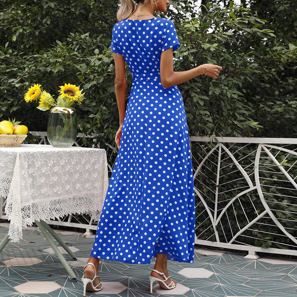 Women's Dresses Casual Elegant Waisted Polka Dot Split V-Neck Short Sleeve Dresses