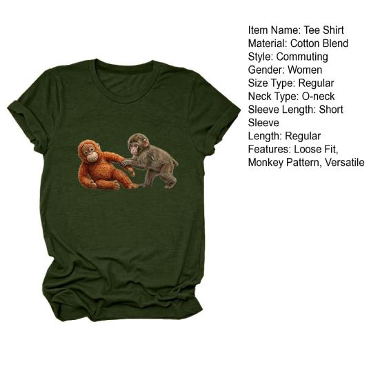 Tee Shirt Round Neck Short Sleeve Monkey Pattern Pullover Tops Loose Fit Casual T-shirt Work Party Vacation Daily Wear