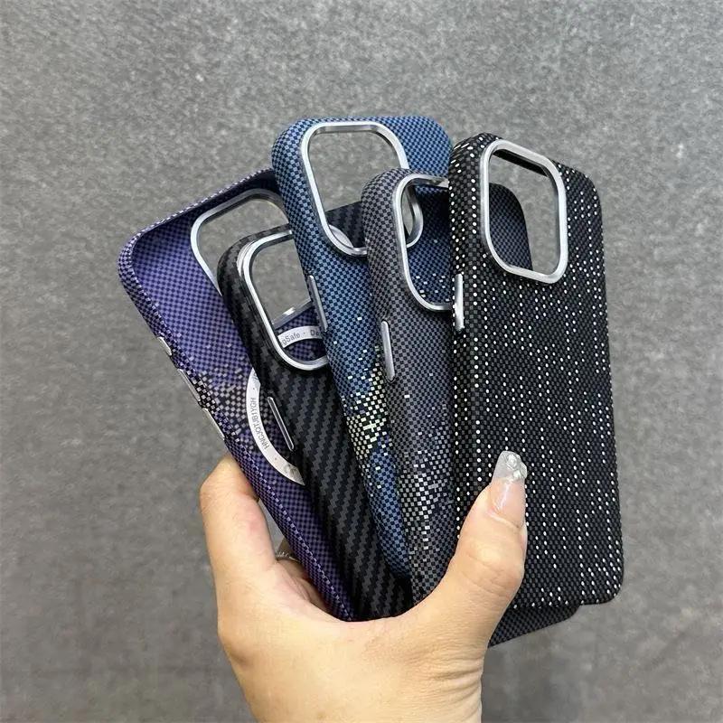 New Luxury Carbon Fiber Texture Magnetic Phone Cases For iPhone 15 12 13 14 Pro Max Magsafe Case Matte PC Hard Shockproof Cover