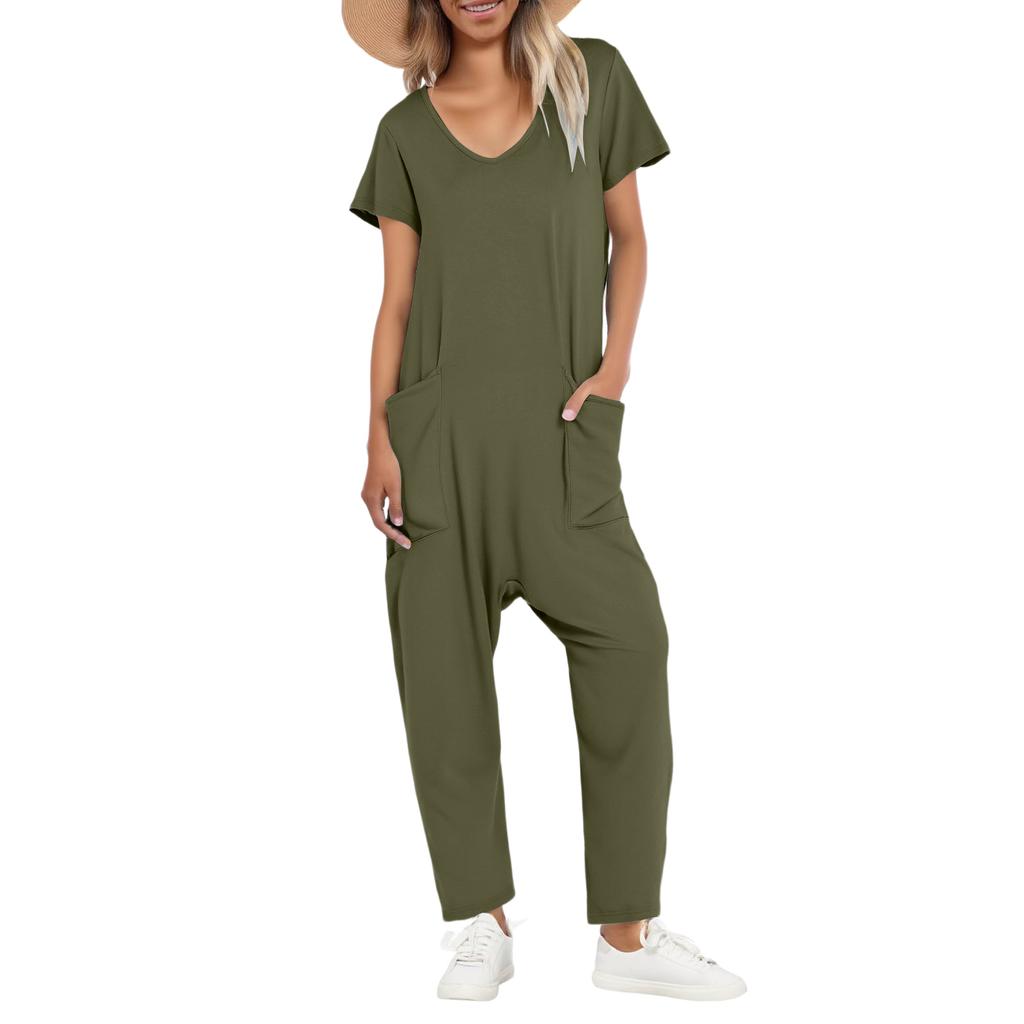 Women's Casual Short Sleeve High Waist Pockets V Neck Loose Jumpsuits Long Pants Wide Rompers