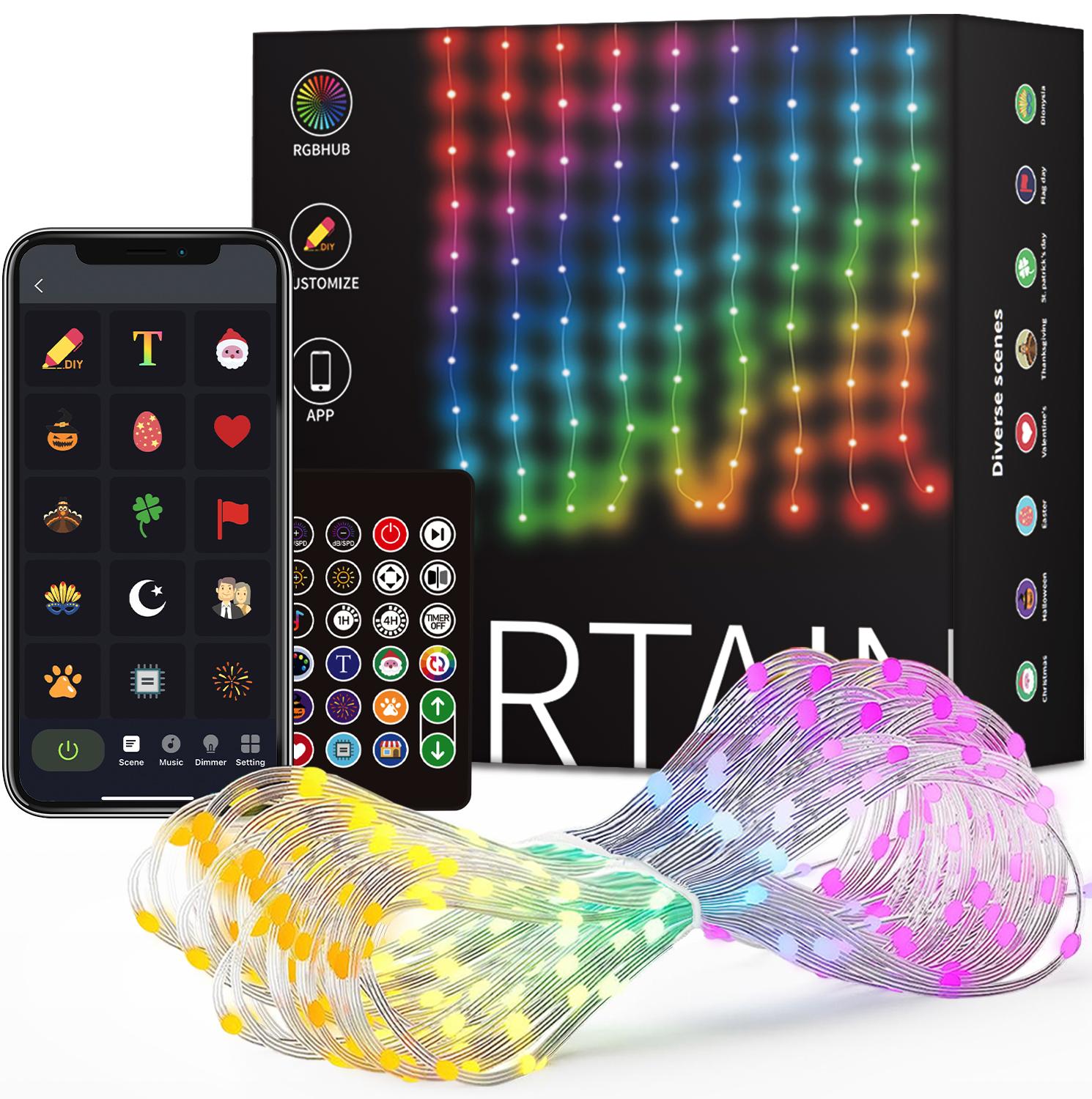 

Smart LED Curtain Lights USB,400 LED Dynamic Pattern DIY Curtain String Lights with App & Remote for Bedroom 2x2 400Leds