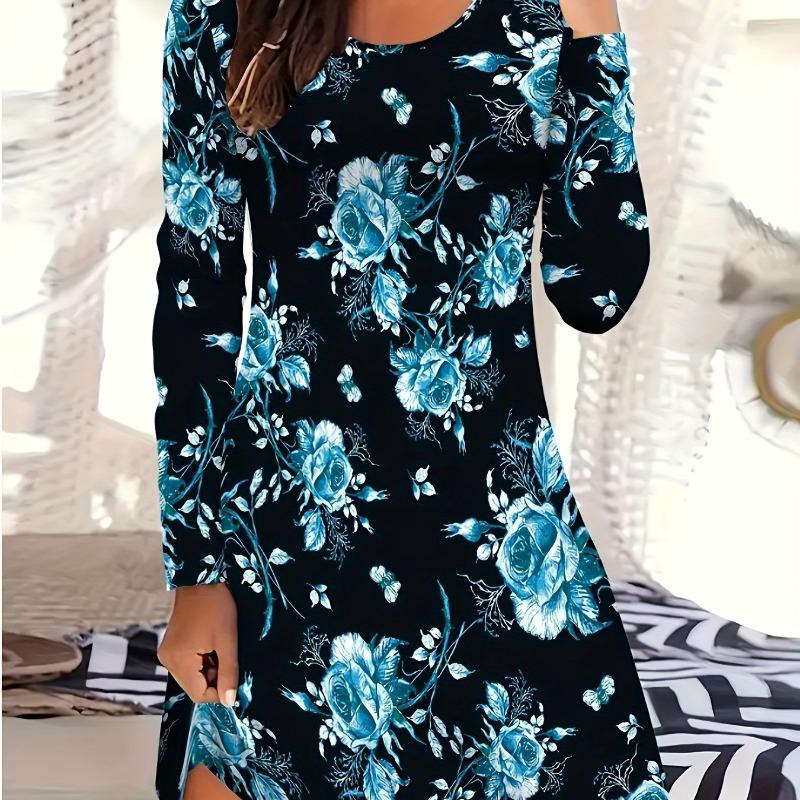 Autumn Winter Dress, Women'S Long Sleeve Round Neck T-Shirt Dress, Digital Floral Print Dress, Fashion Casual Long Dress