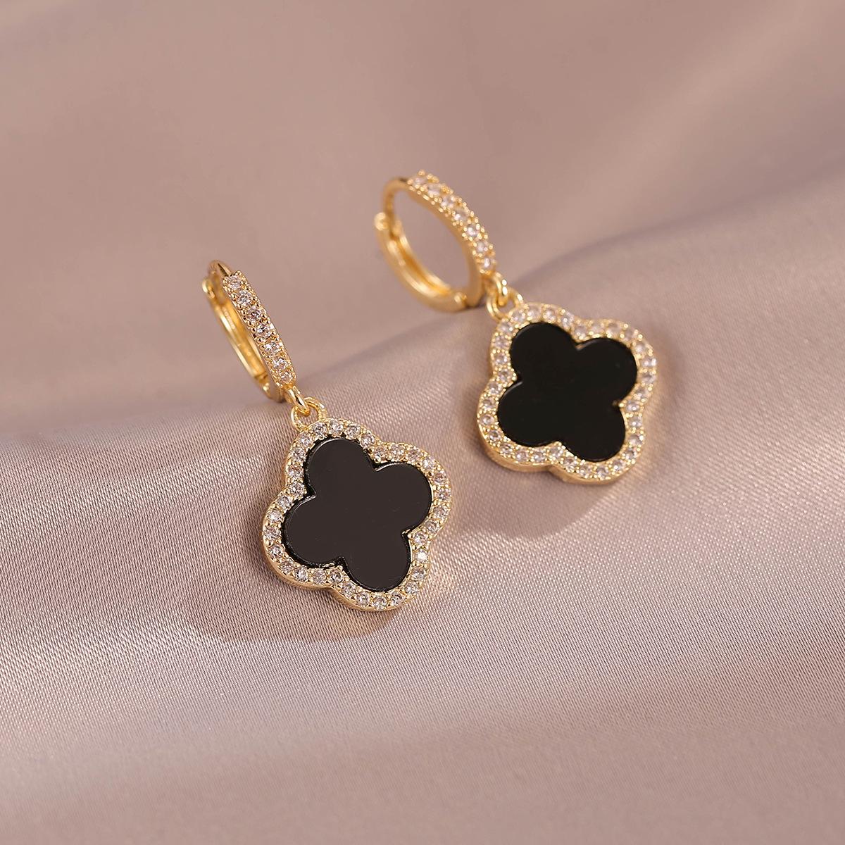 Luxury Black Four-Leaf Clover Rhinestone Hoop Earrings for Women