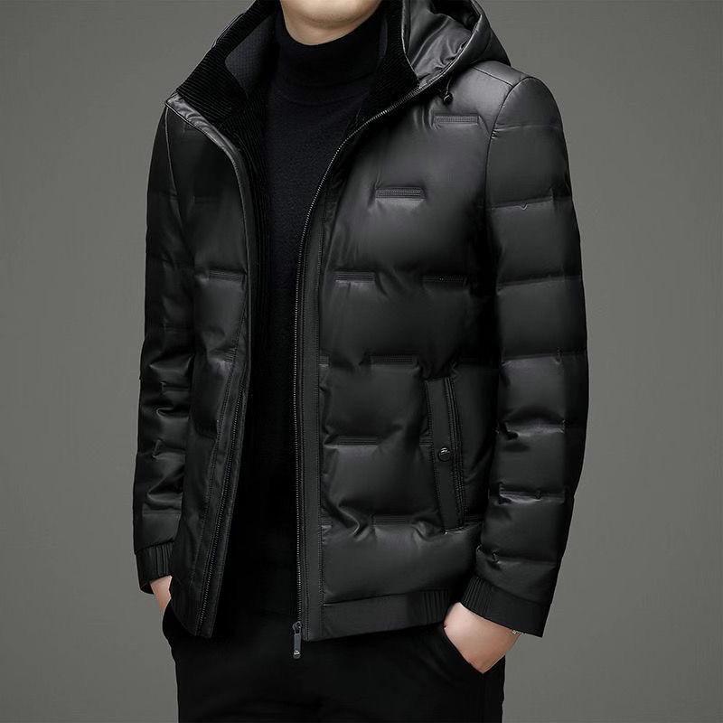2025 Winter Men's Shiny Leather Hooded Down Jacket - Casual, Warm, Pure Color Outerwear