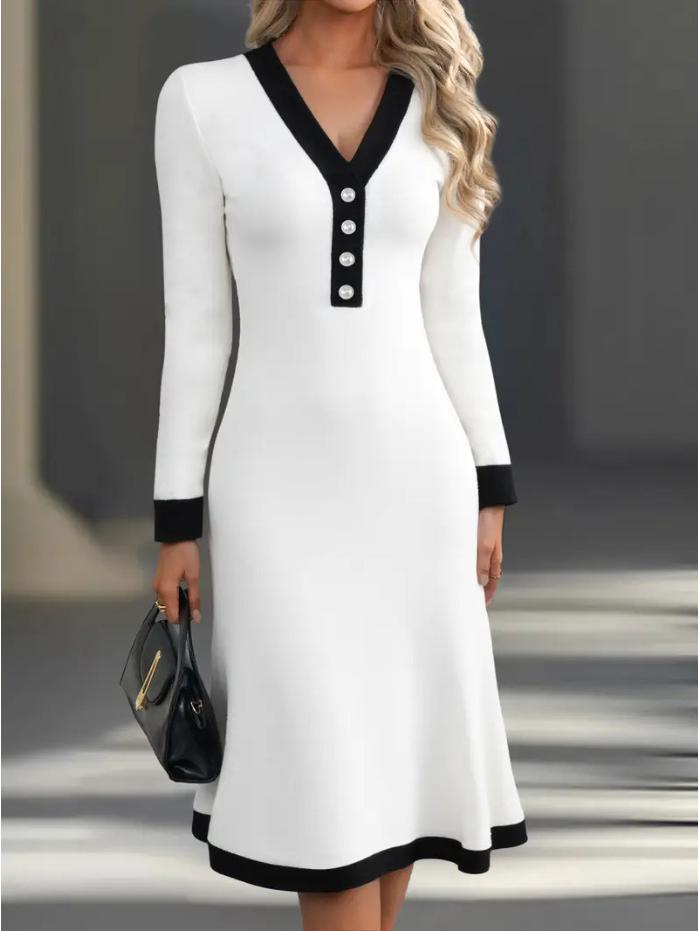 2025 Europäisches & Amerikanisches Elegantes V-Ausschnitt Farbblock Mittellanges Frühling/Herbst Kleid