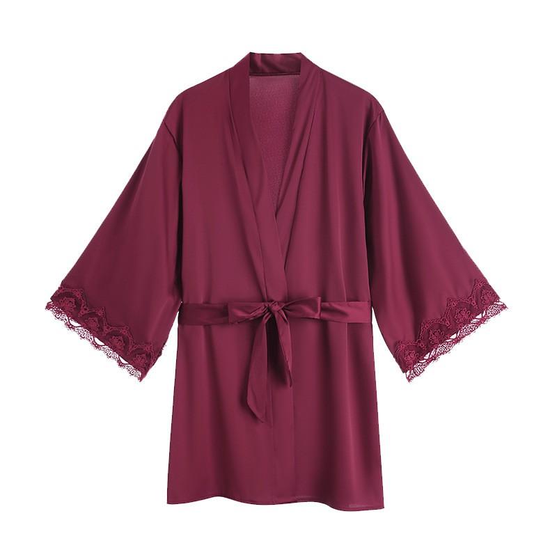 Womens Satin Lingerie Set Deep V Neck Long Sleeve Robe Lace Slip Dress Homewear Sleep Lounge