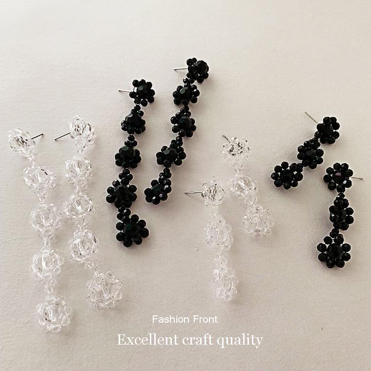 Korean Dongdaemun Crystal Flower Dangle Earrings: Elegant, Transparent, Long, and Exquisite for Women.