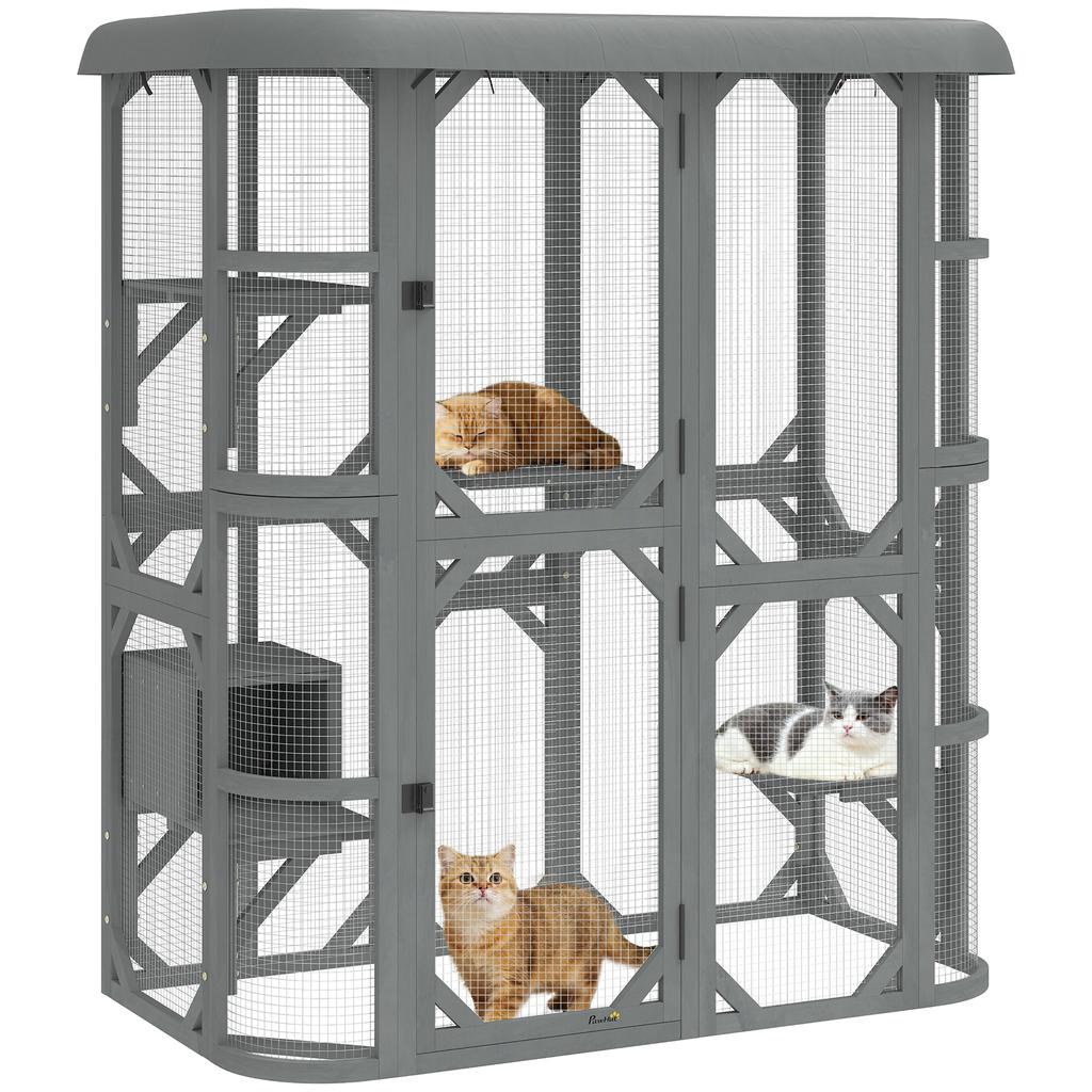 Catio Outdoor Cat Enclosure, Wooden Cat House with Platforms, Condo and Waterproof Cover for 2–3 Kittens, Grey