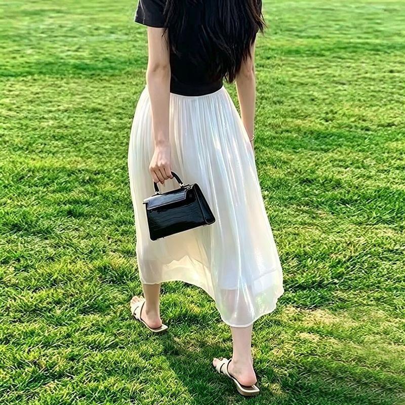 Streamer mesh skirt women's spring, autumn and summer high waist drape temperament versatile and thin a word pleated skirt