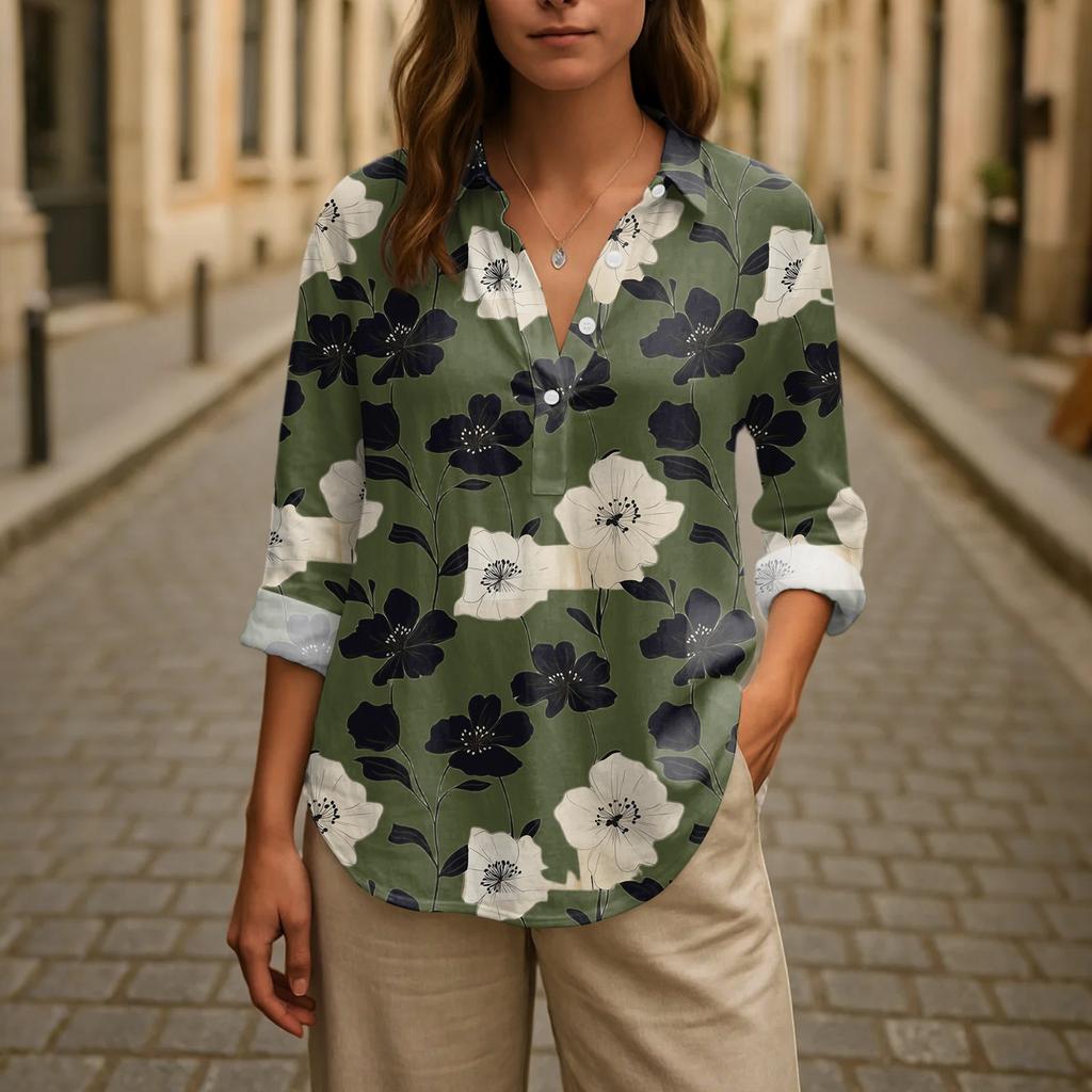 Chemise Pullover Décontractée à Revers et Manches Décontractées Imprimée Ample pour Femmes Printemps et Été