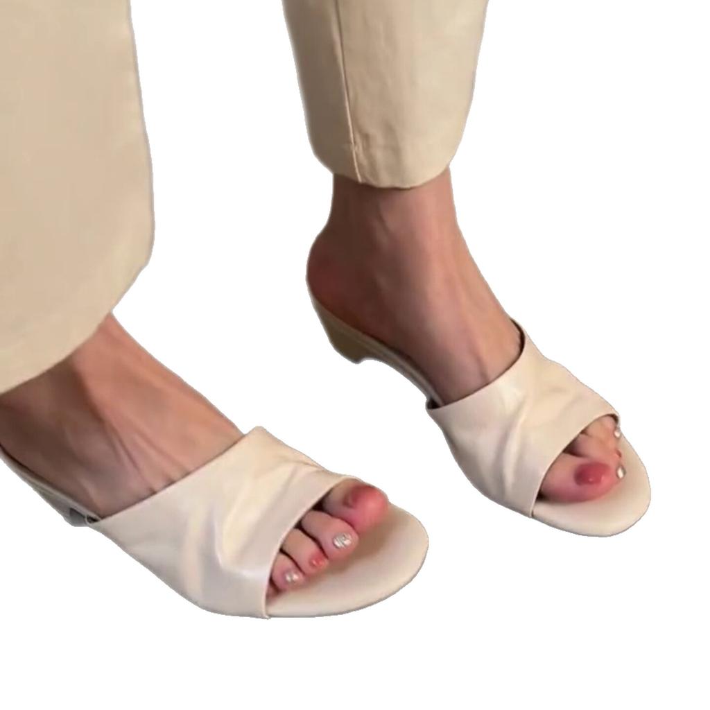 2026 new fish mouth Muller slippers women's medium heel thick heel simple and comfortable versatile one-character cool slippers women