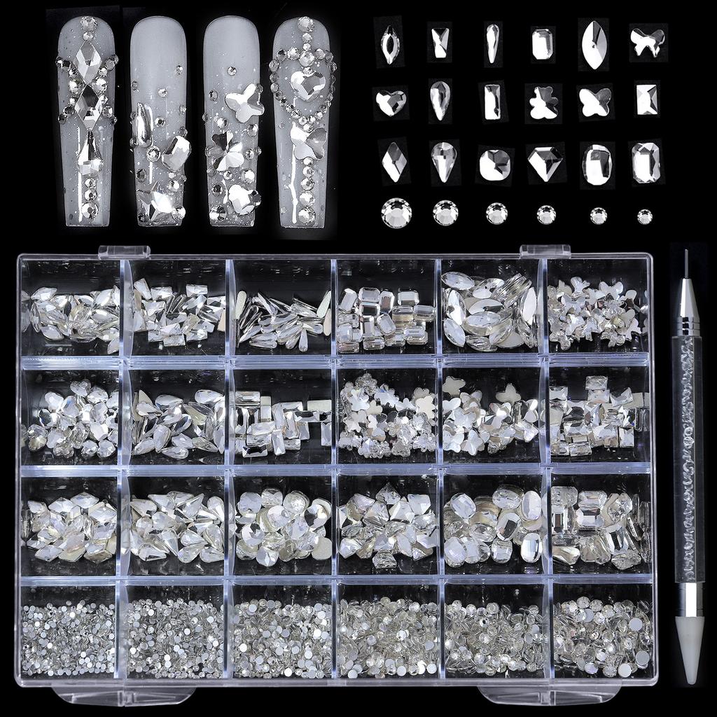 Hot Sale 21 Shapes Jewelry Luxury Shiny Diamond DIY Nail Art Rhinestones Kit Glass Crystal Decorations Set Give 1pcs Pen