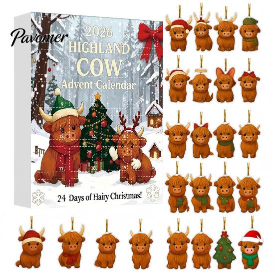 Decorative Acrylic Charms Highland Cow Christmas Advent Calendar with 24 Ornaments, Festive Countdown Unique Decorations Box for Holiday Tree Hanging