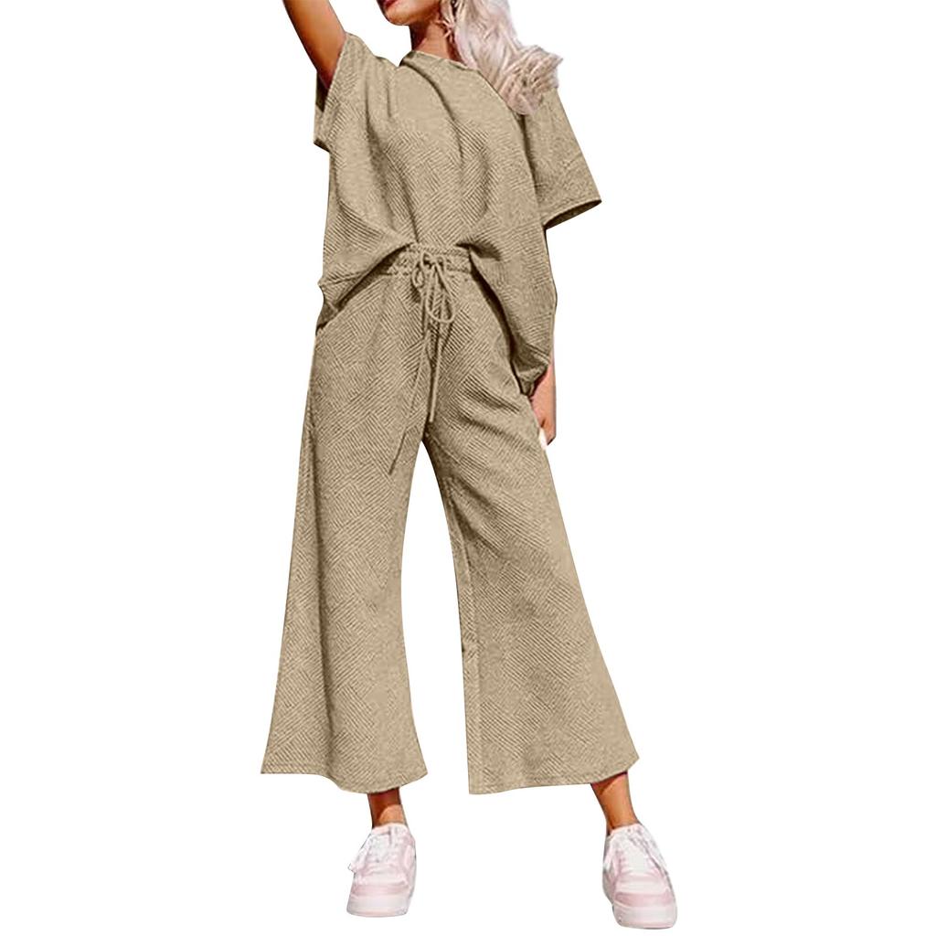 Ladies Casual Fashion Sexy New Solid Color Textured Drawstring Sports Two-piece Suit