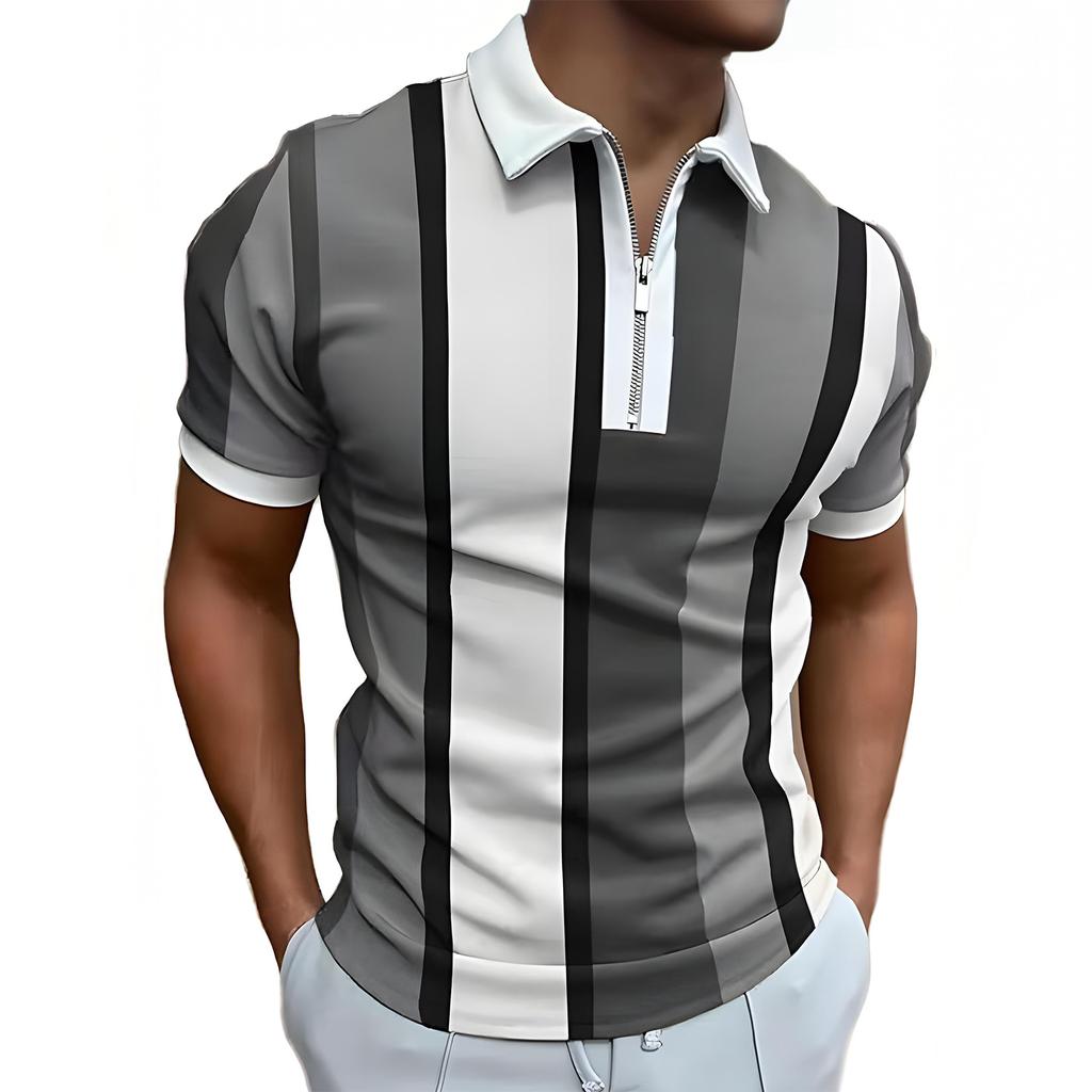 Men's Casual Striped Zipper-Collar Short-Sleeve Shirt