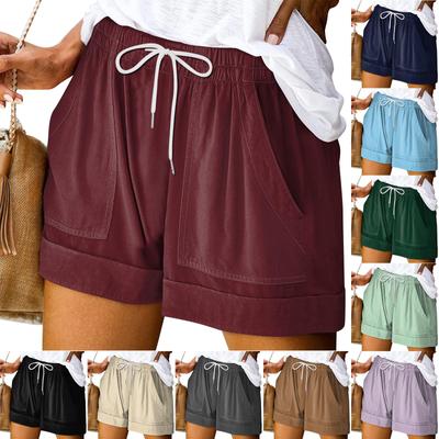 Women's Casual Solid Color Elastic Waist Strap Wide Leg Loose Shorts With Pockets