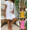 2025 Summer Solid Color V-Neck Cotton Linen Short Sleeve Dress for Women