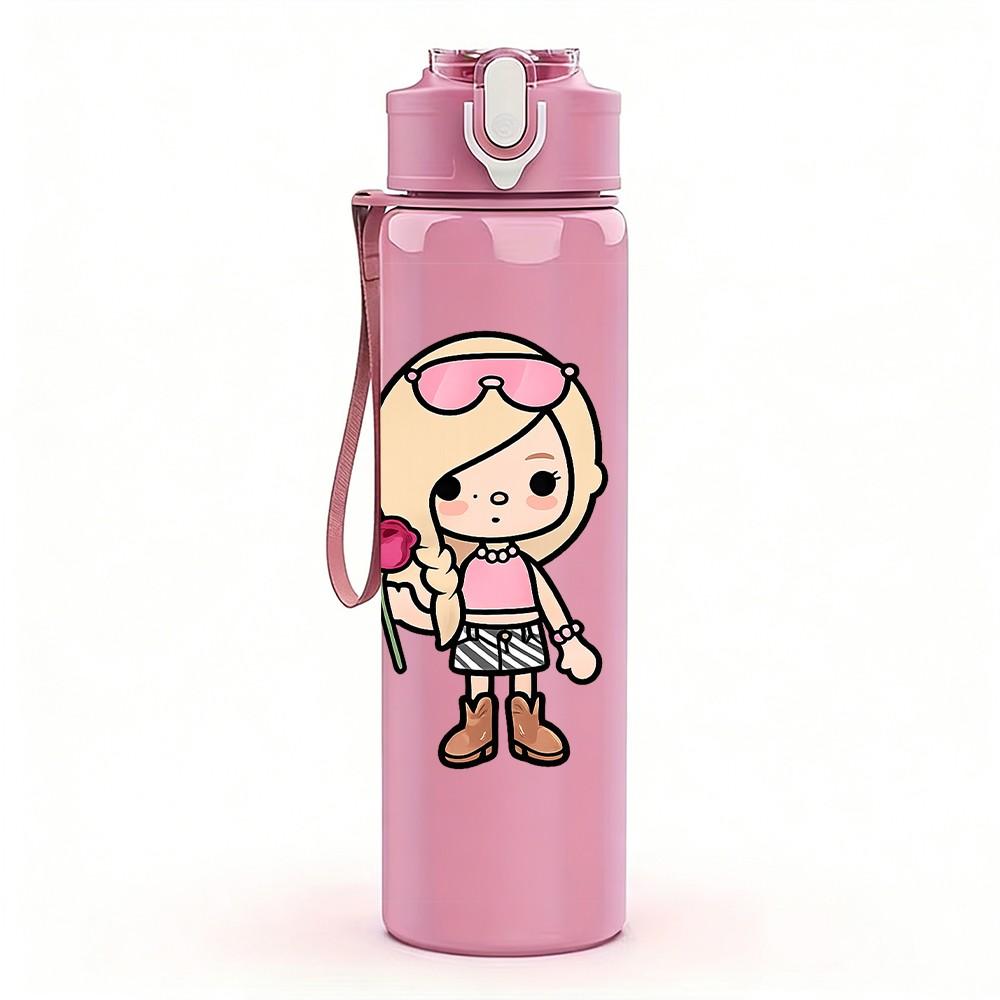 1PC Blonde Doll Girl Cute Cartoon Print 750ml Color Plastic Sports Water Bottle Leakproof Flip Straw Lid Suitable for Sports Office Home Use