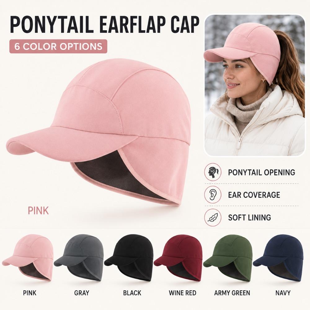 Women'S Winter Outdoor Baseball Cap, Earflap Hat with Ponytail Opening And Curved Brim, Casual Cap for Walking, Commuting, Weekend Trips, And Travel