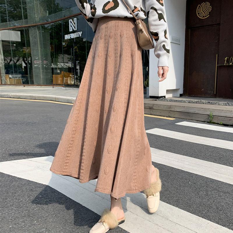 Knitted Midi Skirt for Women Autumn and Winter High Waisted Mid Length Knitted Skirt A-line Skirt