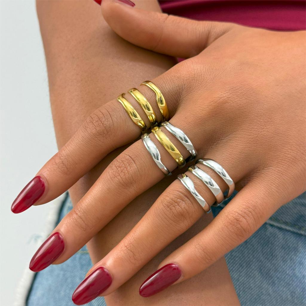 Minimalist Line Ring 18K Gold Color Plated Stainless Steel Stackable Hollow Ring Women's Zircon Adjustable Ring Party Gift