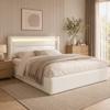 Hydraulic Storage Bed with LED Light Strip, Double Bed Bed Frame Upholstered Bed 140x200cm, Functional Bed, White (With Remote Control)