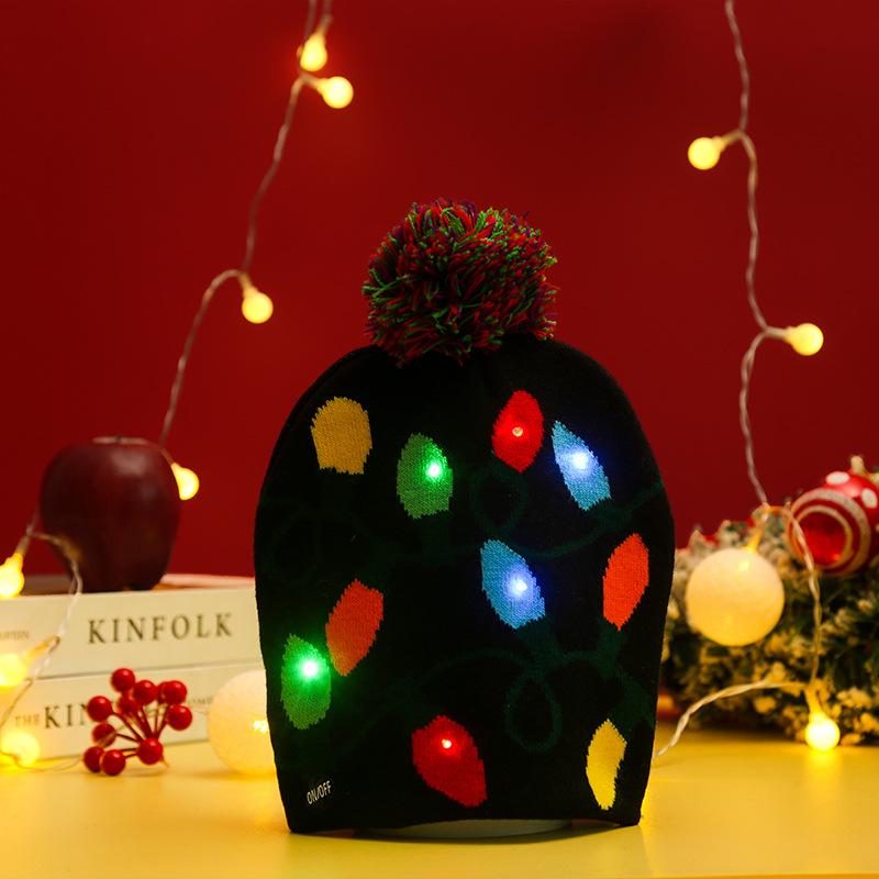 Cross-border Christmas decoration supplies cuffed knitted hat with ball LED light Santa Claus luminous hat for adults and children