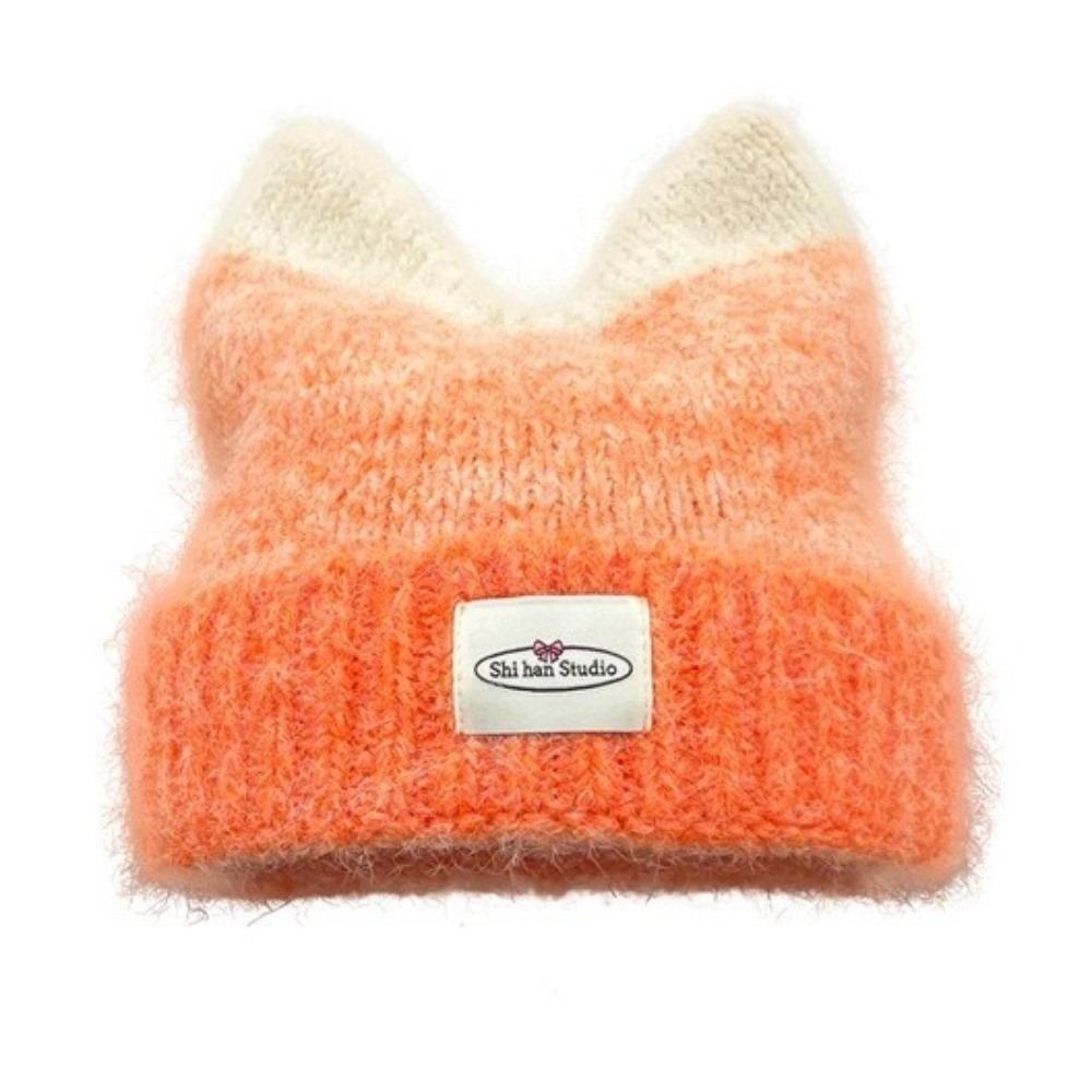 New Gradual Change Color Knitted Hat Yarn Warm Winter Hat Cat Ears Shape Cute Beanie Hat Women
