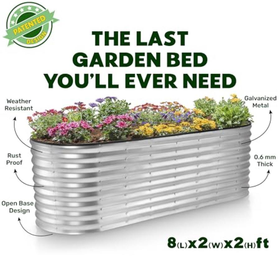Galvanized Raised Garden Beds Outdoor 8×2×2 ft Planter for Gardening Vegetables Flowers Silver Large Metal Garden Box Patented