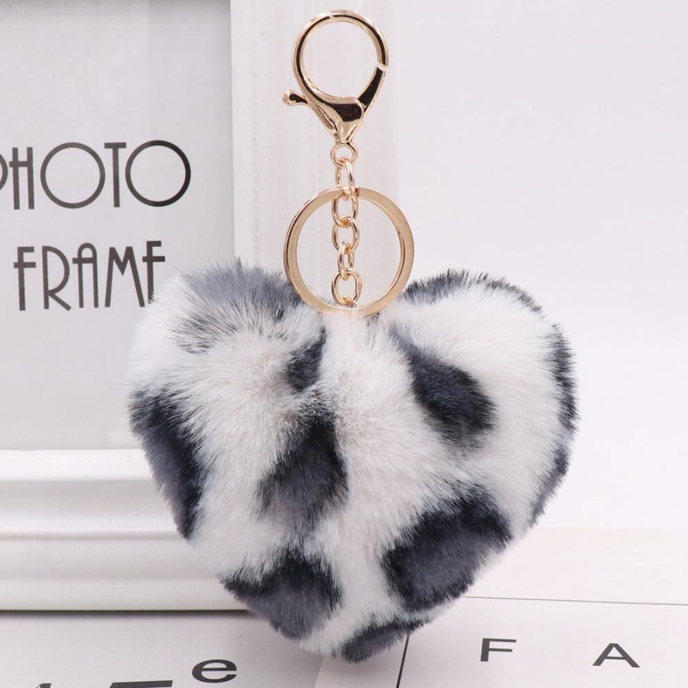 Large Heart Pompom KeyChain for Women Leopard Print Plush Car Keychain Bag Pendant Fashion Jewelry Fluffy Love Pompons Keyring
