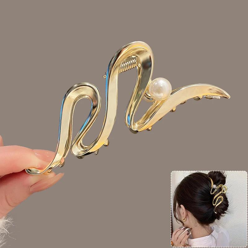 Large Bowknot Womens Hair Claw Clip for Thick Thin Hair Accessories Trendy Elegant Gold Silver Metal Streamer Crab Clamp Jewelry
