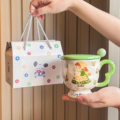 Retro Blumenmädchen Tasse Mädchen Geburtstagsgeschenk Souvenir Paar Keramik Trinkbecher mit Deckel Geschenkbox