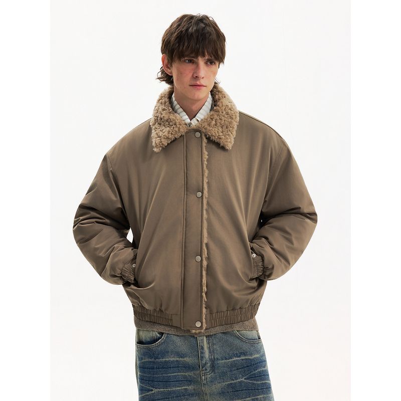 Blaexit Barn Style Jacket Cotton Coat Men's Winter Thickened Fleece-Lined Warm Cotton Coat with Lamb Wool Fur Collar Jacket