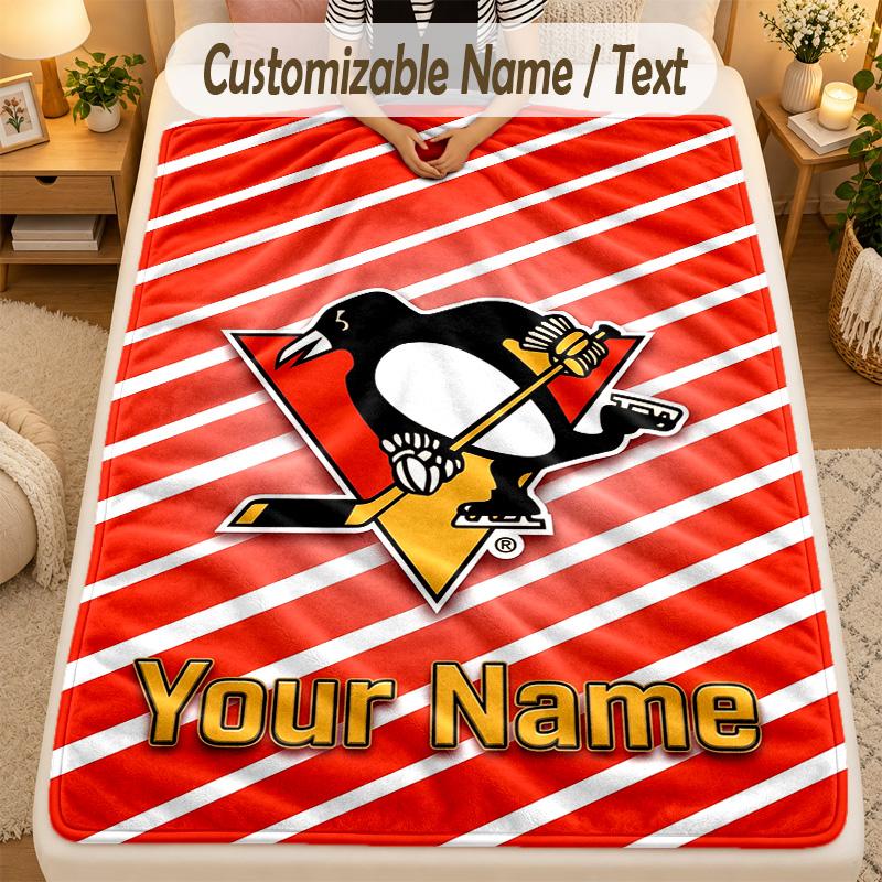 Flannel BlanketPittsburgh Penguins Custom Name Text Personalized Soft Warm Throw Blanket Home Decor Gift