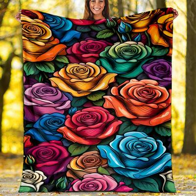 Colorful Roses Blanket Personalized Name Flannel Blanket Soft Cozy Plush Throw for Sofa Bed Lightweight Home Décor