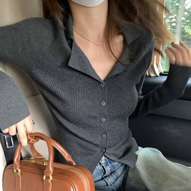 

Women Turn Down Collar Long Sleeve Knit Top Spring Korean Thin Slim Fit Base Layer Shirt One Size темно-сірий