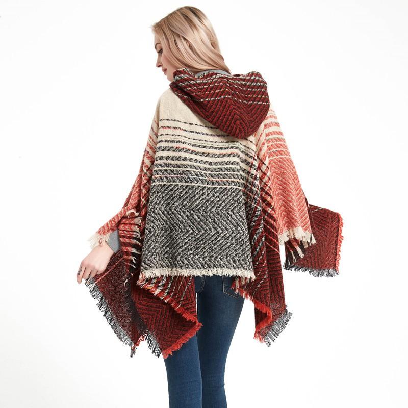 Womens Gradient Herringbone Circle Yarn Hooded Poncho Sweater Shawl Winter Fall Streetwear
