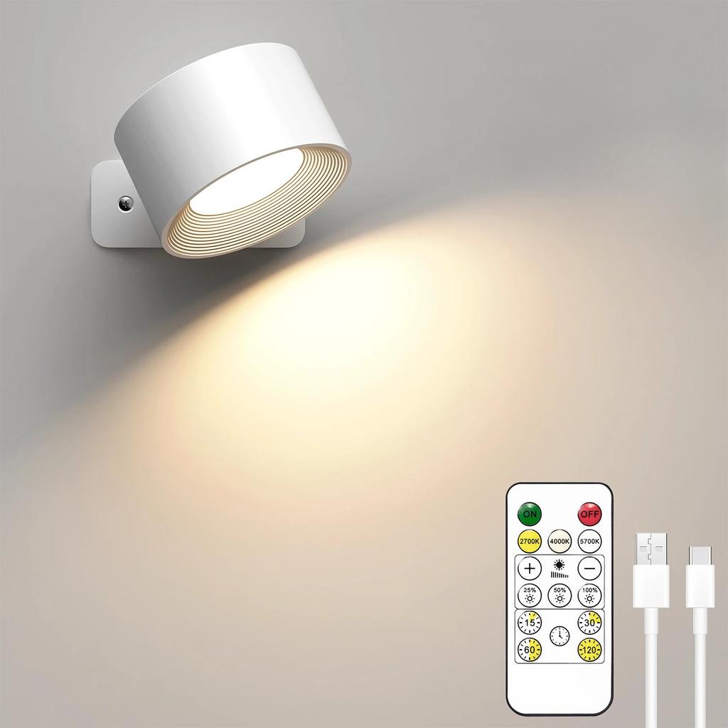 LED Wall Lights with Remote, Rechargeable Wall Mounted Reading Sconces Lamp 2000mAh, 3 Colors & Dimmable Magnetic 360° Rot