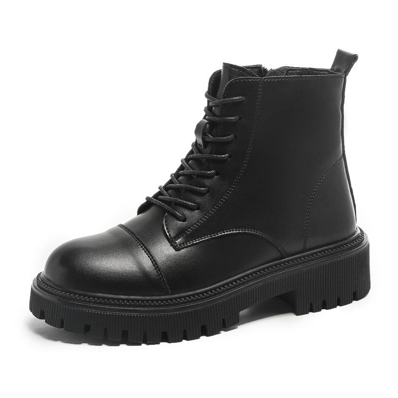 Full Cowhide ~ Women's Genuine Leather New Fleece-Lined Mid Platform Boots Slimming British Style Fried Street Ankle Boots