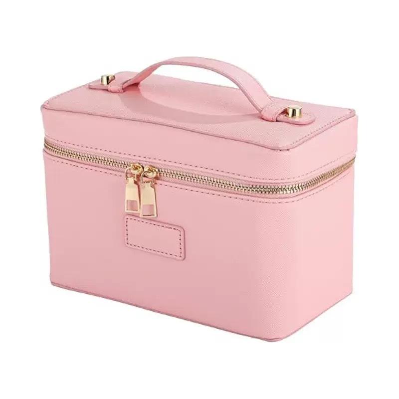 Portable Cross-Grain Leather Cosmetic Bag with Gold Hardware - Makeup and Skincare Travel Organizer