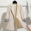 3/4 Sleeve Striped Patchwork Cuff Pockets Women Blazer Solid Color Lapel Single Button Thin Suit Coat Workwear