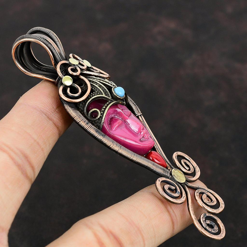 Pink Carved Bone Face Gemstone Pendant Copper Wire Wrapped Pendant Italian Coral & Turquoise Pendant Handmade Copper Jewelry Engagement Gift
