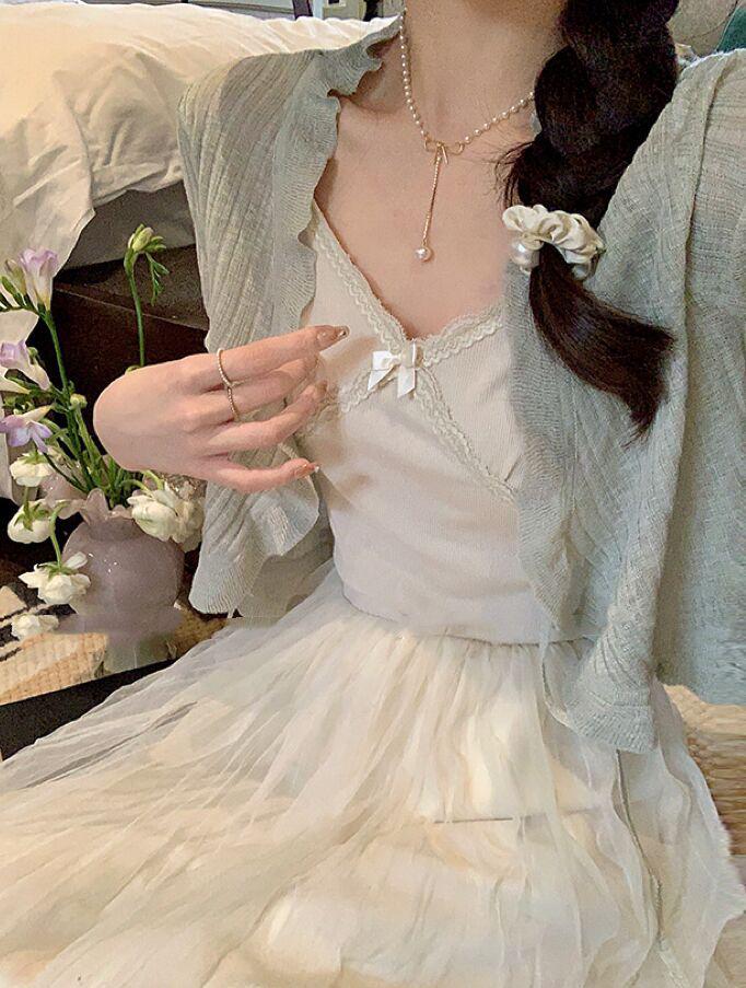 

Вязаный кардиган из ледяного шелка с оборками и юбка на подтяжках для женщин - Легкая летняя защита от солнца One Size зелёный