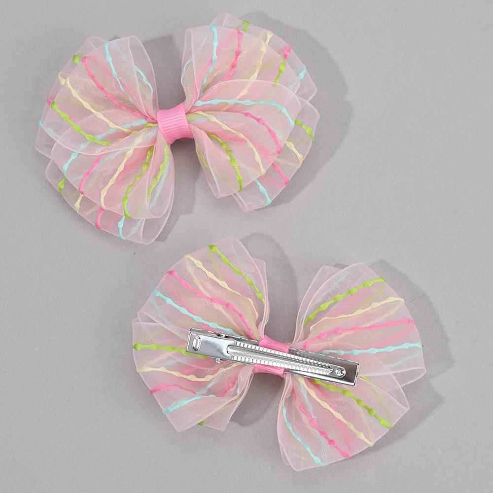 2Pcs Macaron Colors Bow Hair Clips Sweet Chiffon Mesh Hairpin Colorful Stripes Barrette For Girls Kids Headwear Hair Accessories